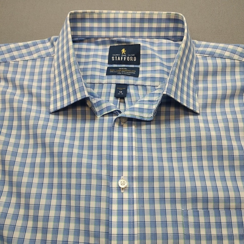 Stafford‎ Men's Regular Fit Blue Striped Travel Dress Shirt Size 18 34-35